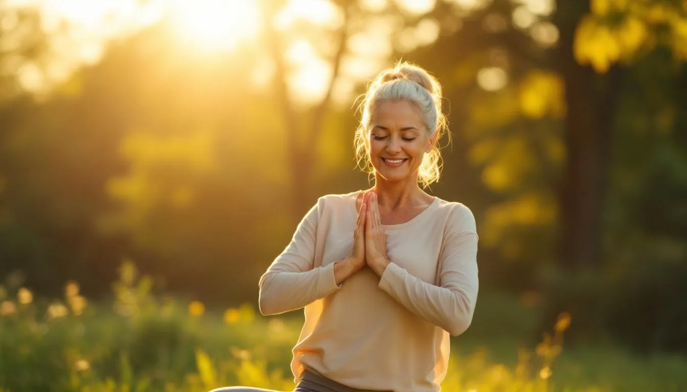Vibrant older woman doing yoga outdoors in golden morning light, representing healthy aging and vitality