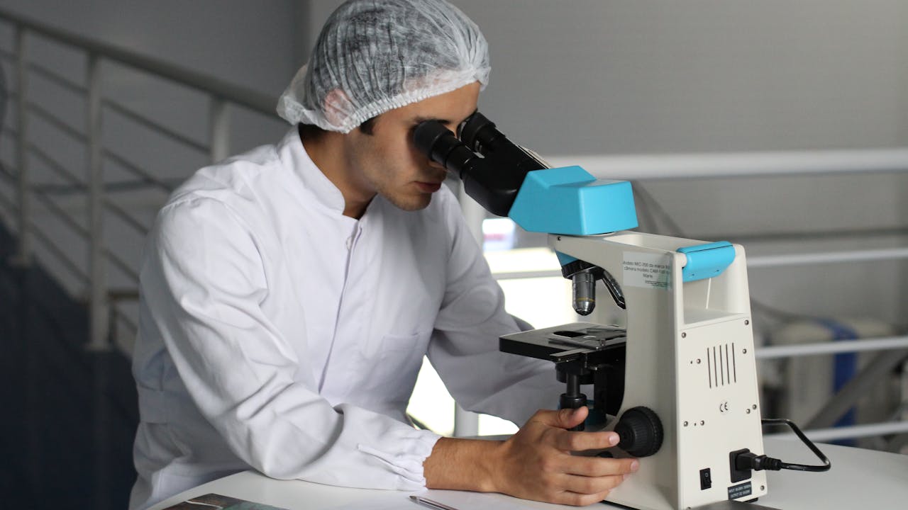 Laboratory setting with pharmaceutical supplements and scientific equipment, clean modern aesthetic