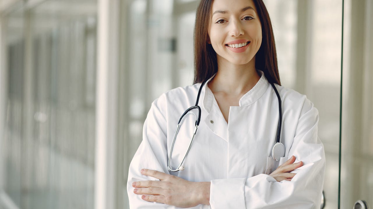 Doctor consulting with patient about medication options in a clinical setting